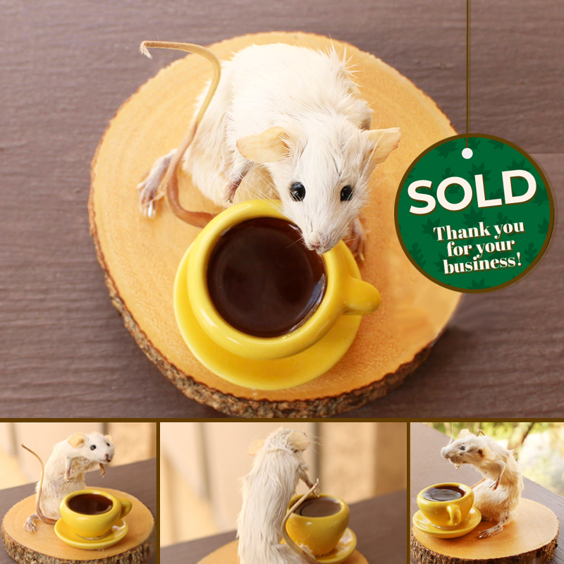 Soft-mounted mouse with a cup of tea with original skull forming the shape of its head